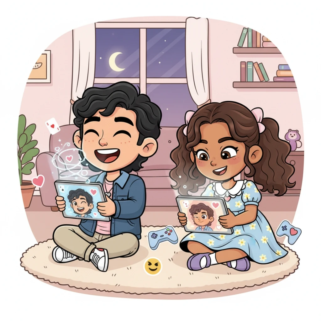 Their friendship blossoms into a whirlwind of playful teases, silly games, and shameless flirting, their animated expressions mirrored on their screens. Even when there's nothing to say, they find joy in each other's digital company, their connection growing warmer and more intense.