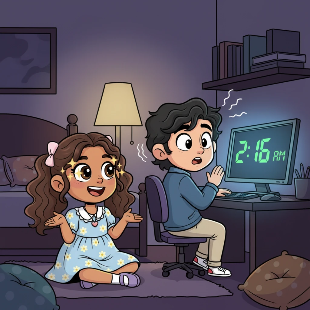 During a mischievous game of 'truth and dare,' Pranjali, eyes sparkling, describes her ideal type, unknowingly painting a perfect picture of Aarush. A sudden realization dawns on Aarush, his eyes widening as a digital clock on his screen flashes 2:16 a.m.