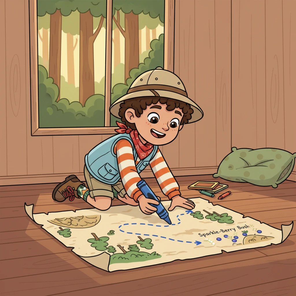 Young Leo, a boy with bright, curious eyes, sat on his bedroom floor, sketching fantastic maps. He dreamed of grand adventures in the Whispering Woods, a mysterious forest rumored to hold the legendary Sparkle-Berry Bush. He imagined berries that glittered like tiny stars and tasted like pure joy.