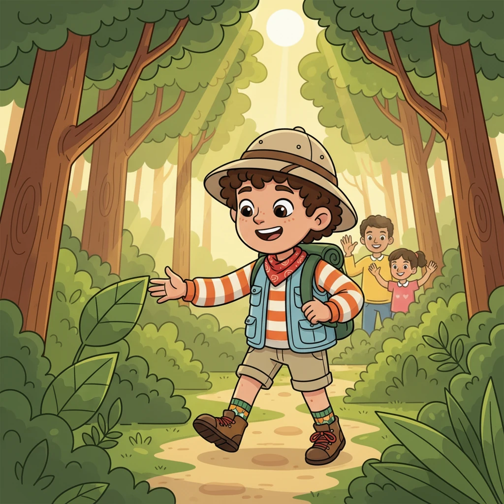 With a sturdy backpack filled with snacks and a compass, Leo bid farewell to his smiling family. He stepped out, his heart thumping with excitement, ready to explore the vibrant, green edge of the Whispering Woods. Sunlight dappled through the leaves, inviting him in.