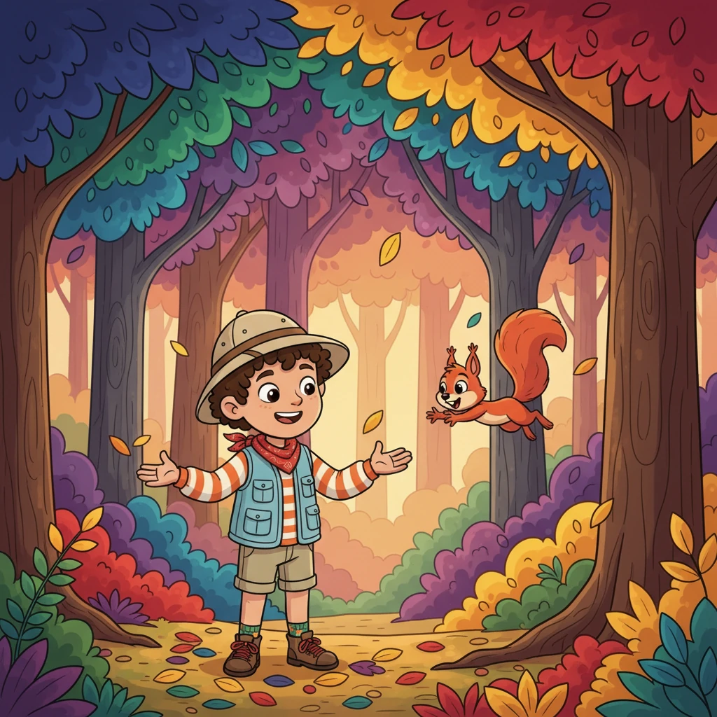 Deep inside the Whispering Woods, towering trees with leaves of every color formed a leafy canopy. A playful red squirrel, Squeaky, with a bushy tail, scampered down a tree trunk and chattered excitedly at Leo. Squeaky, delighted by Leo's friendly smile, decided to join him on his quest.