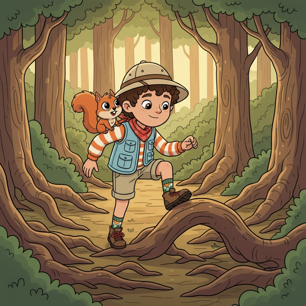 Their path soon led to a tricky maze of ancient, gnarled roots that twisted and turned like sleeping dragons. Leo, with Squeaky chattering encouragement, carefully found his way, stepping over and under the roots. His keen eyes and quick thinking helped them navigate the puzzling tangle.