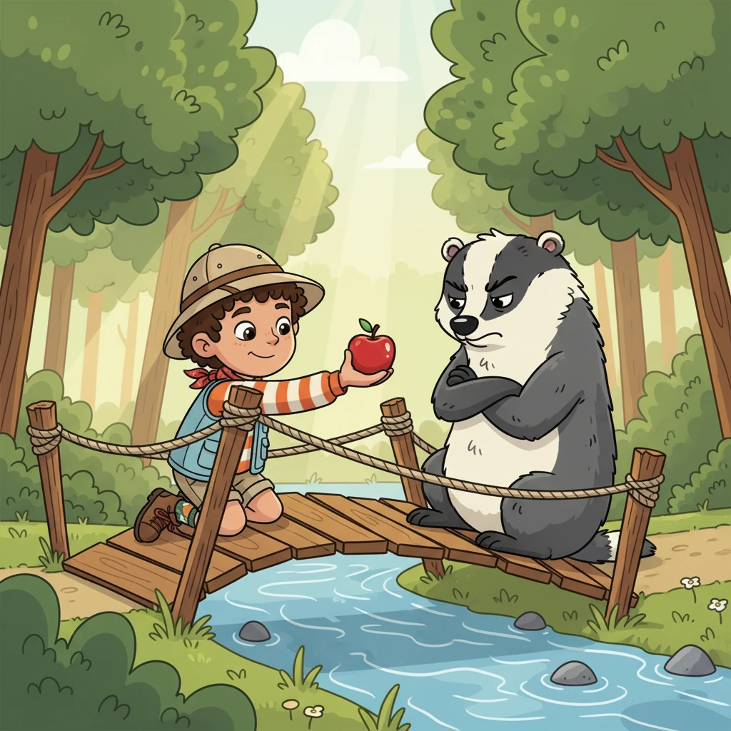Further on, they encountered a grumpy old badger, Barnaby, guarding a narrow, wobbly bridge over a babbling brook. Barnaby grumbled loudly, refusing to let them pass. Leo, remembering his mother's words about kindness, offered Barnaby a delicious apple from his backpack, and the badger's frown slowly turned into a smile.