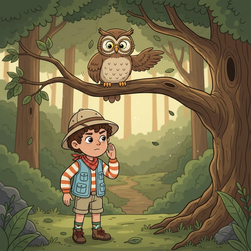 Just as Leo started to feel a bit lost, a wise old owl with gleaming spectacles, named Professor Hoot, swooped down. Professor Hoot, sensing Leo's earnest quest, offered a riddle that hinted at the Sparkle-Berry Bush's hidden location. Leo listened carefully, puzzling over the owl's wise words.