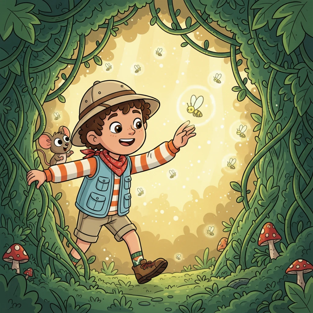 Following Professor Hoot's cryptic clue, Leo and Squeaky searched until they found a hidden opening in a thick vine wall. They pushed through, discovering a breathtaking clearing bathed in a soft, golden light. Delicate fireflies danced in the air, illuminating their path.