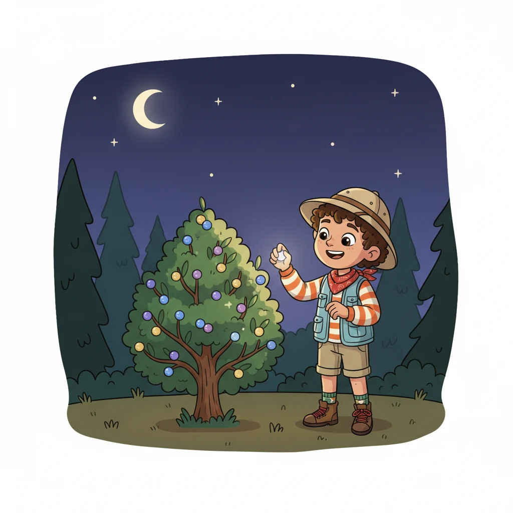 And there it was! In the center of the clearing stood the magnificent Sparkle-Berry Bush, its branches laden with berries that glowed with an ethereal light. Leo's eyes widened in wonder and joy; he had found it. He carefully plucked one shimmering berry, its warmth radiating in his hand.