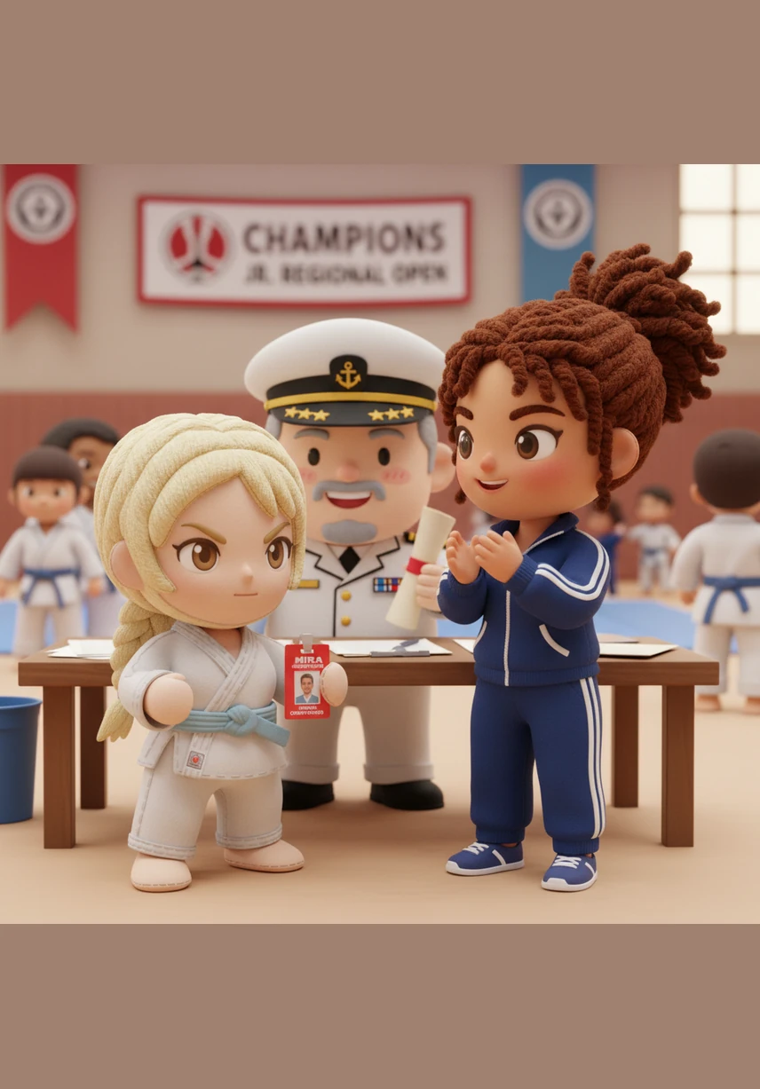 予選会場の受付で、ミラは愛用の樫木製ヌンチャクを検査に出しました。使い込まれた道具を「安モンだよ」と笑いながらも大切にする彼女の瞳には、これから始まる真剣勝負への鋭い闘志が宿っていました。