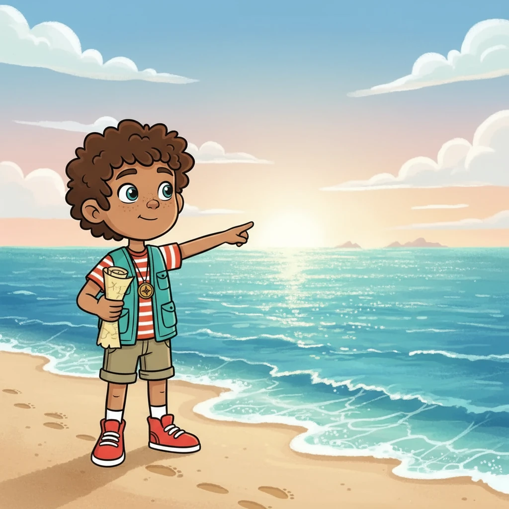 Rowan, a curious young girl with a heart full of wanderlust, stood at the edge of a vast, shimmering ocean. The salty air whipped through her hair as she gazed out at the horizon, dreaming of faraway lands. Her trusty map, worn and well-loved, was clutched tightly in her hand, promising untold adventures.