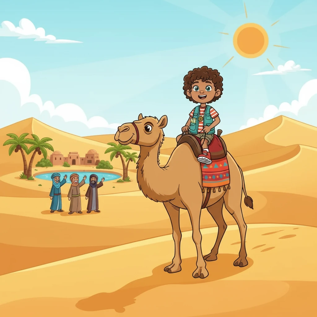 Rowan's travels then led her to a bustling desert oasis, where she rode a camel across the golden sands. The sun beat down on her as she navigated the dunes, her adventurous spirit soaring. She learned about desert life and made friends with the local nomadic people.