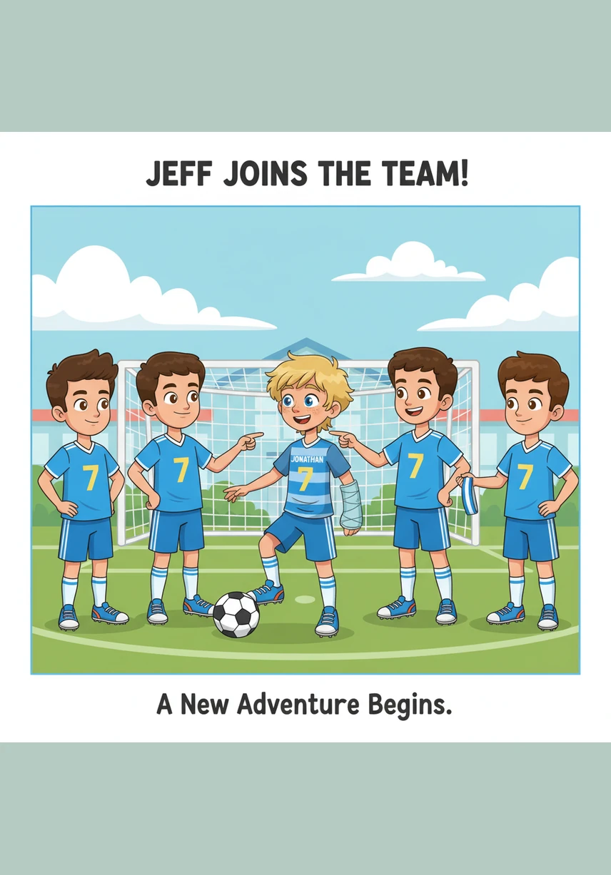 Jeff stood on the vibrant green grass of the school field, feeling a mix of excitement and nerves as he joined his new soccer teammates. He smiled at Nathai, the quiet thinker; Jonathan, the confident leader; and Jacob, who was always bouncing with energy and creative ideas.
