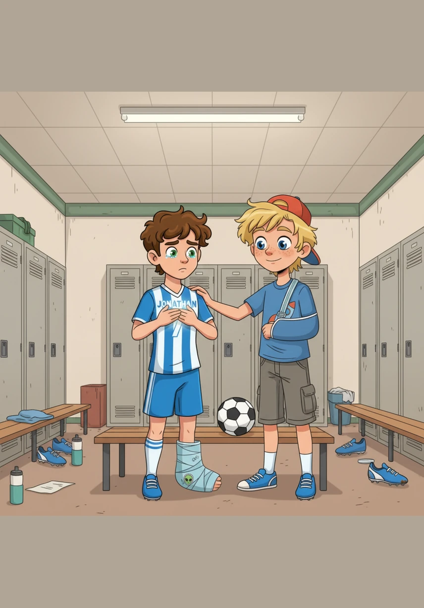 In the quiet locker room before the big game, the air was thick with nervous energy and the heavy memory of past losses. Jeff looked at his friends' anxious faces and spoke up with a reassuring smile, reminding them that they had already won by becoming a team that never gives up.