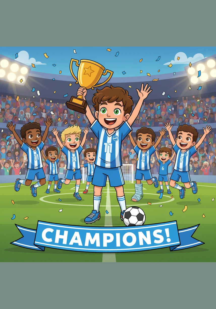 The stadium erupted in cheers as the team finally scored, jumping and hugging in a burst of pure, unbridled joy. Jeff smiled broadly, knowing that his journey from the park to the final whistle had taught him that the true victory was found in persistence and the bond of friendship.