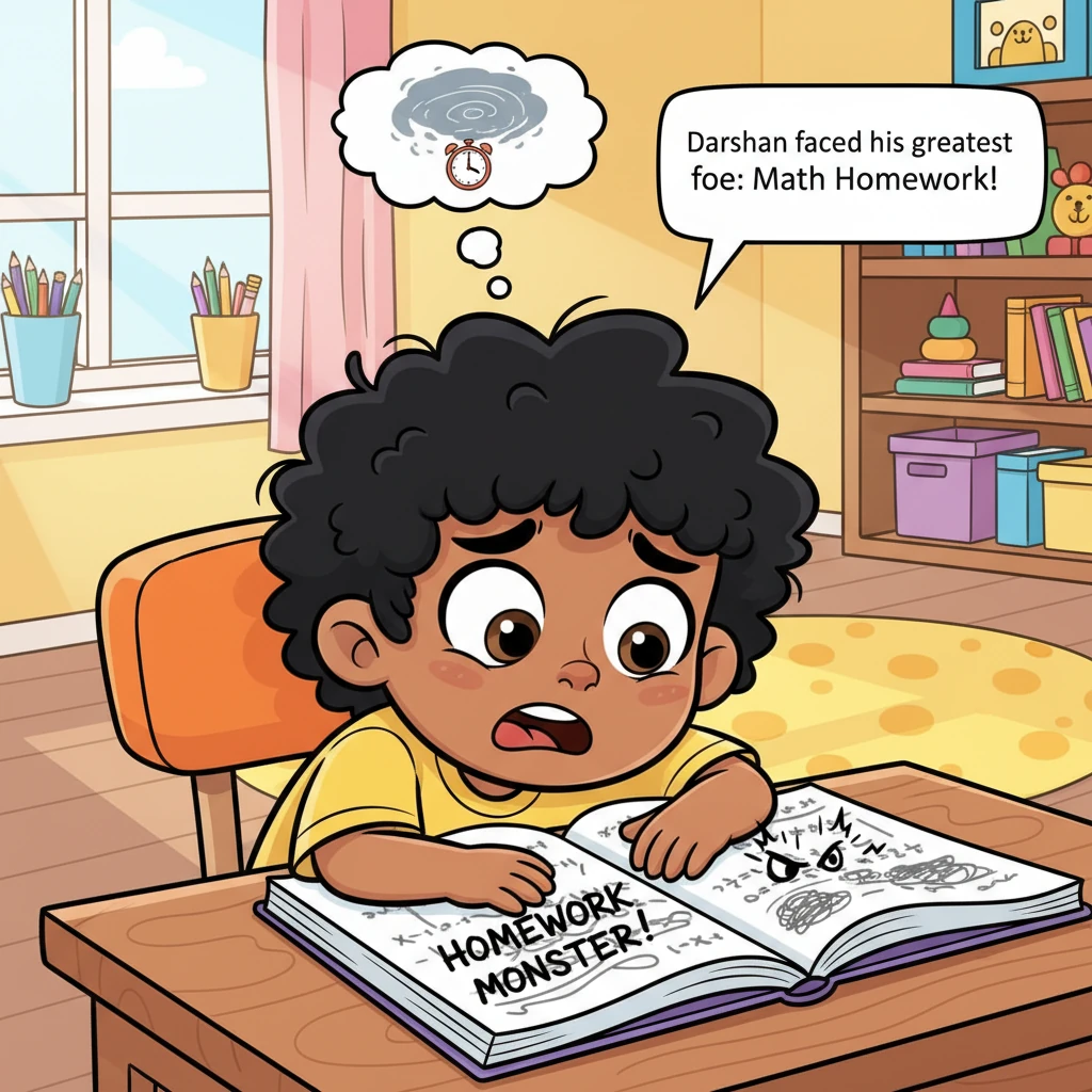 Darshan, a small boy with wide, expressive eyes, leans dramatically over a large, open notebook filled with scribbles. His face is a picture of comedi