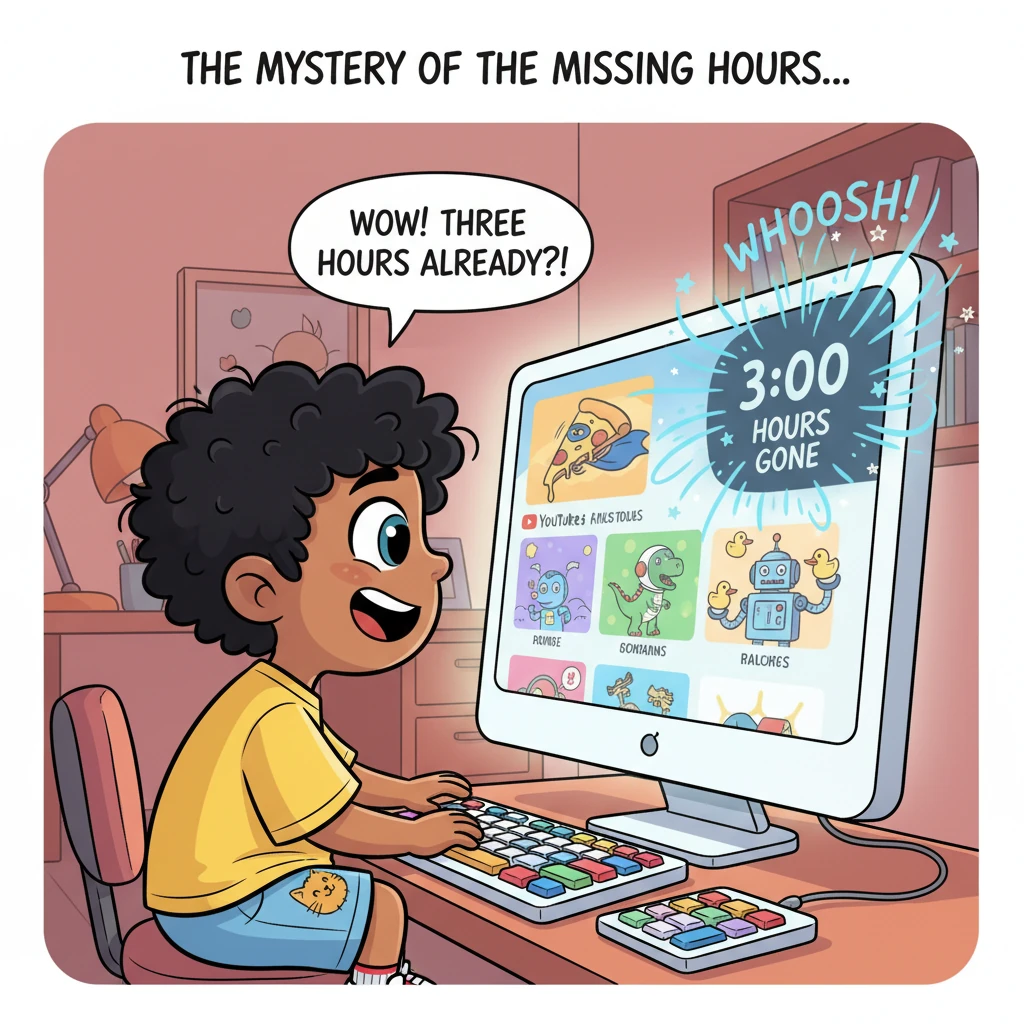 Darshan is now perched excitedly in front of a glowing computer screen, his small hands on a keyboard. The screen displays a colorful YouTube interfac