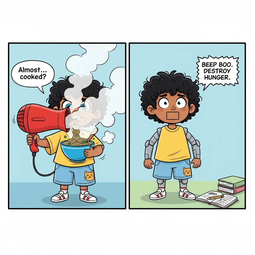 A split-panel illustration shows Darshan in two hilarious scenarios. On one side, he's comically trying to cook ramen noodles with a giant, exaggerate