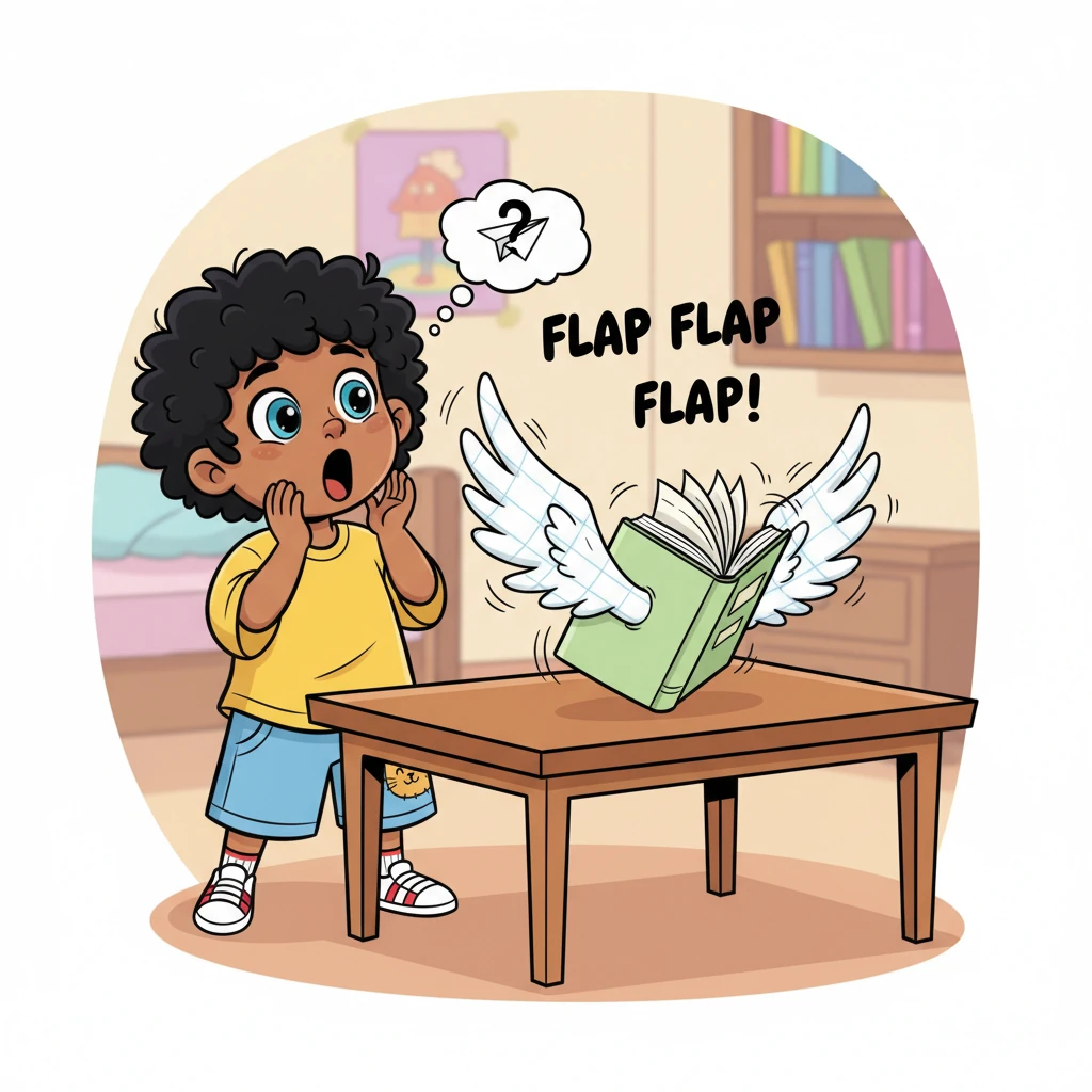 The unassuming homework notebook on Darshan's table is now alive with energy! It wiggles and shakes, its pages fluttering like tiny wings beginning to
