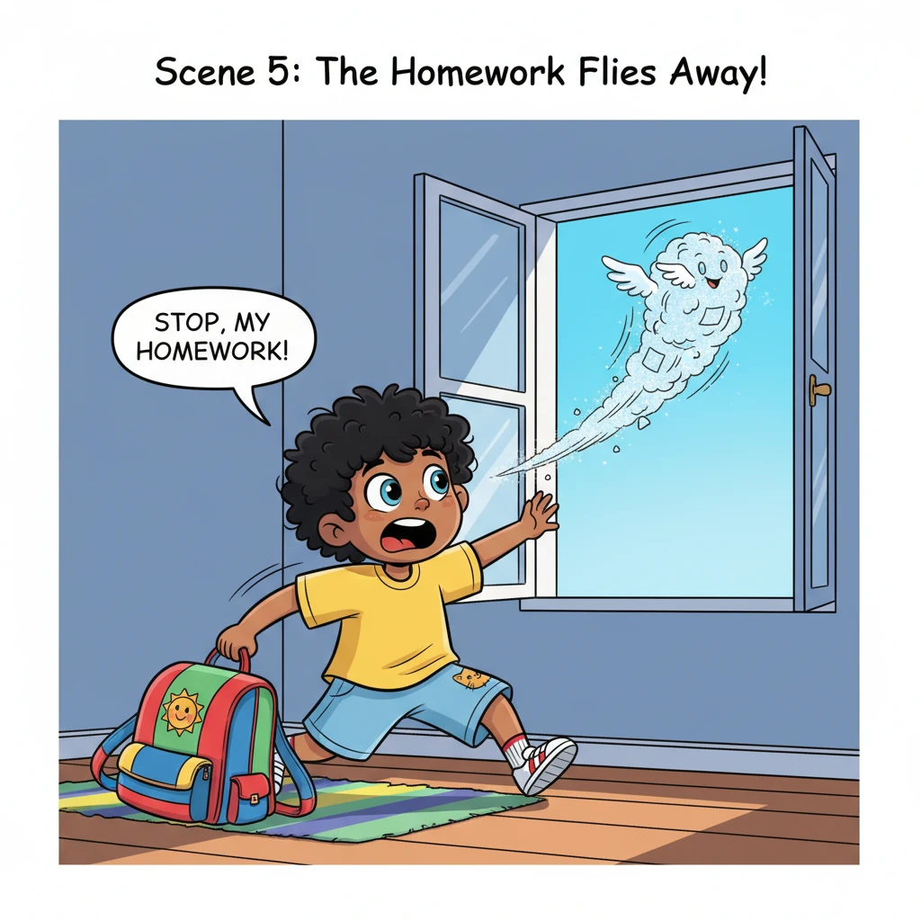 The homework, now a winged wonder, zips playfully out of an open window, leaving a trail of sparkling paper dust. Darshan, with a look of comical pani
