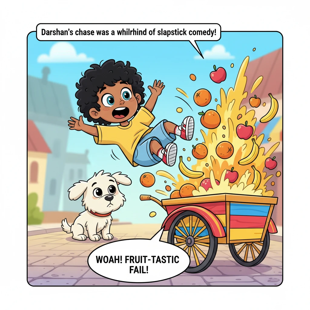Darshan's chase is a whirlwind of slapstick comedy. He's depicted mid-air, having just tripped over a small, fluffy dog, sending him tumbling towards
