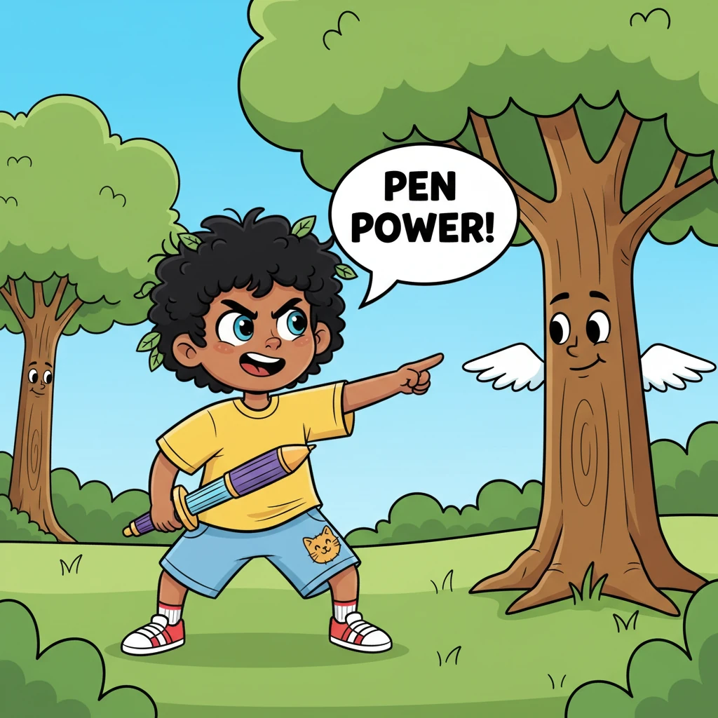 In a lush, green park, the winged homework peeks mischievously from behind a large, friendly-looking tree. Darshan, now slightly disheveled but still