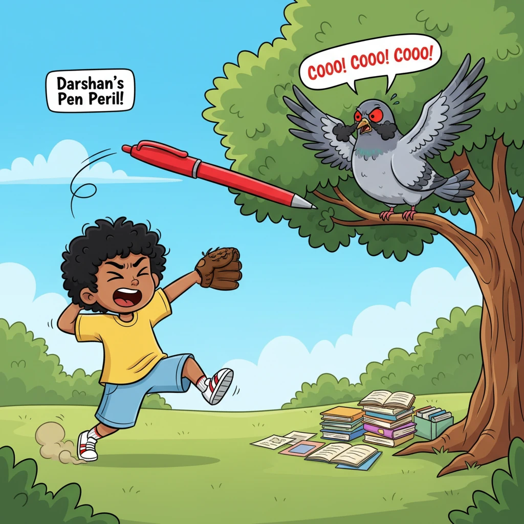 Darshan winds up like a baseball pitcher, launching his bright red pen with all his might towards the tree. The pen, drawn with a comical trajectory,