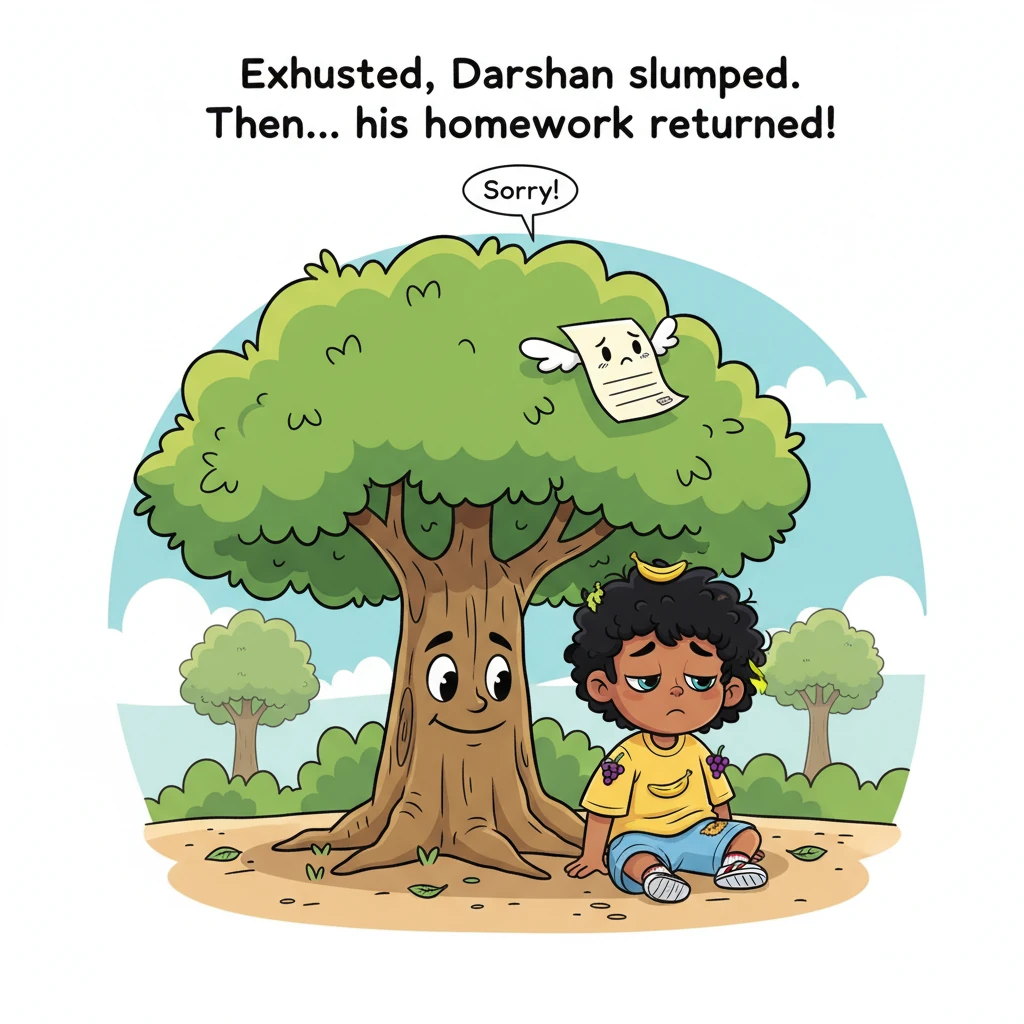 Exhausted and covered in a few stray fruit peels, Darshan slumps under the shade of a big, smiling tree, his shoulders dramatically slumped in defeat.