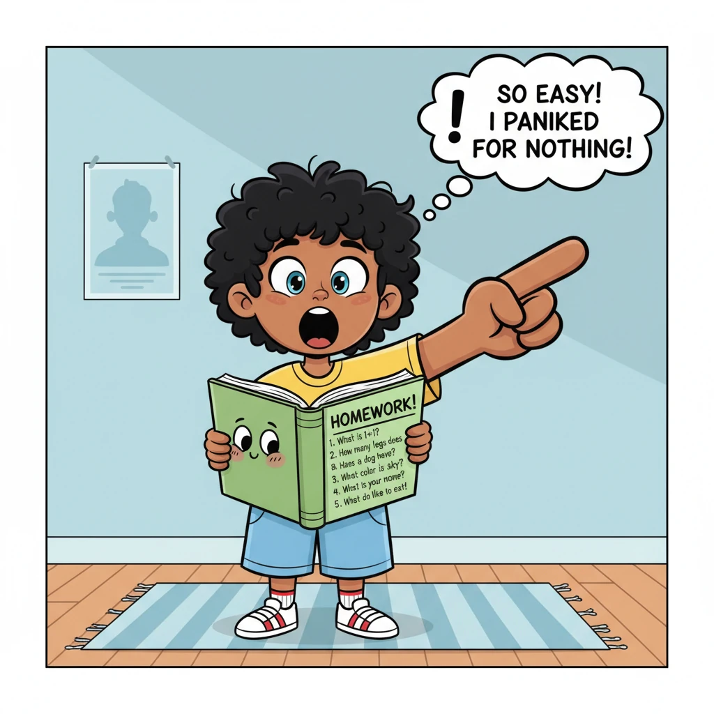 Darshan, looking utterly astonished, has the homework open in his hands. He's pointing a comically oversized finger at the page, where only five simpl