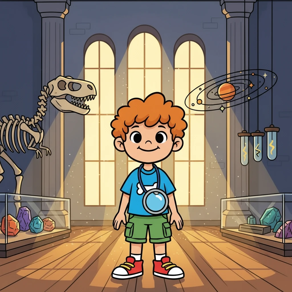 Luca, un bambino curioso, entrò nel grande museo di scienze con gli occhi spalancati. La luce filtrava dalle alte finestre, illuminando reperti di ogni genere. Il profumo di storia e scoperta riempiva l'aria, promettendo un'avventura indimenticabile.