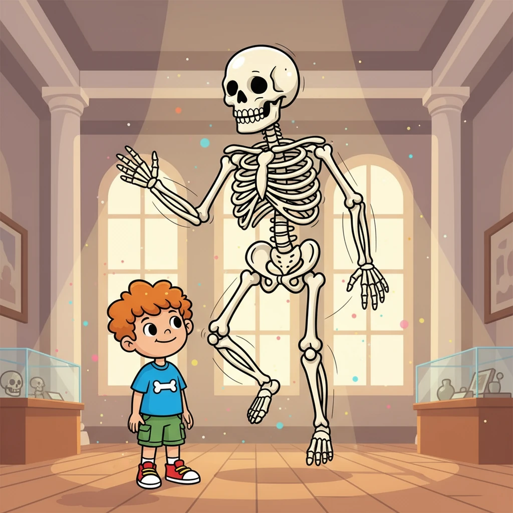 Si fermò di fronte a un'enorme scheletro umano a grandezza naturale. Le ossa bianche e lucenti sembravano danzare nell'aria, sostenute da fili invisibili. Luca era affascinato dalla maestosità di quella struttura.