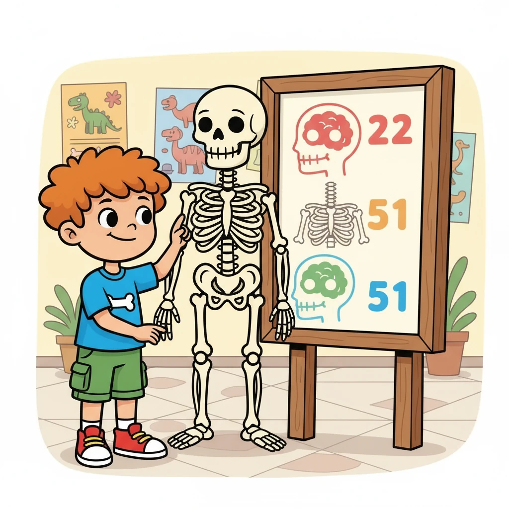 Accanto allo scheletro, un cartello spiegava la composizione del corpo umano. Luca lesse con attenzione, scoprendo che la testa aveva 22 ossa, e il tronco, con la colonna vertebrale, le costole e lo sterno, ne aveva ben 51!