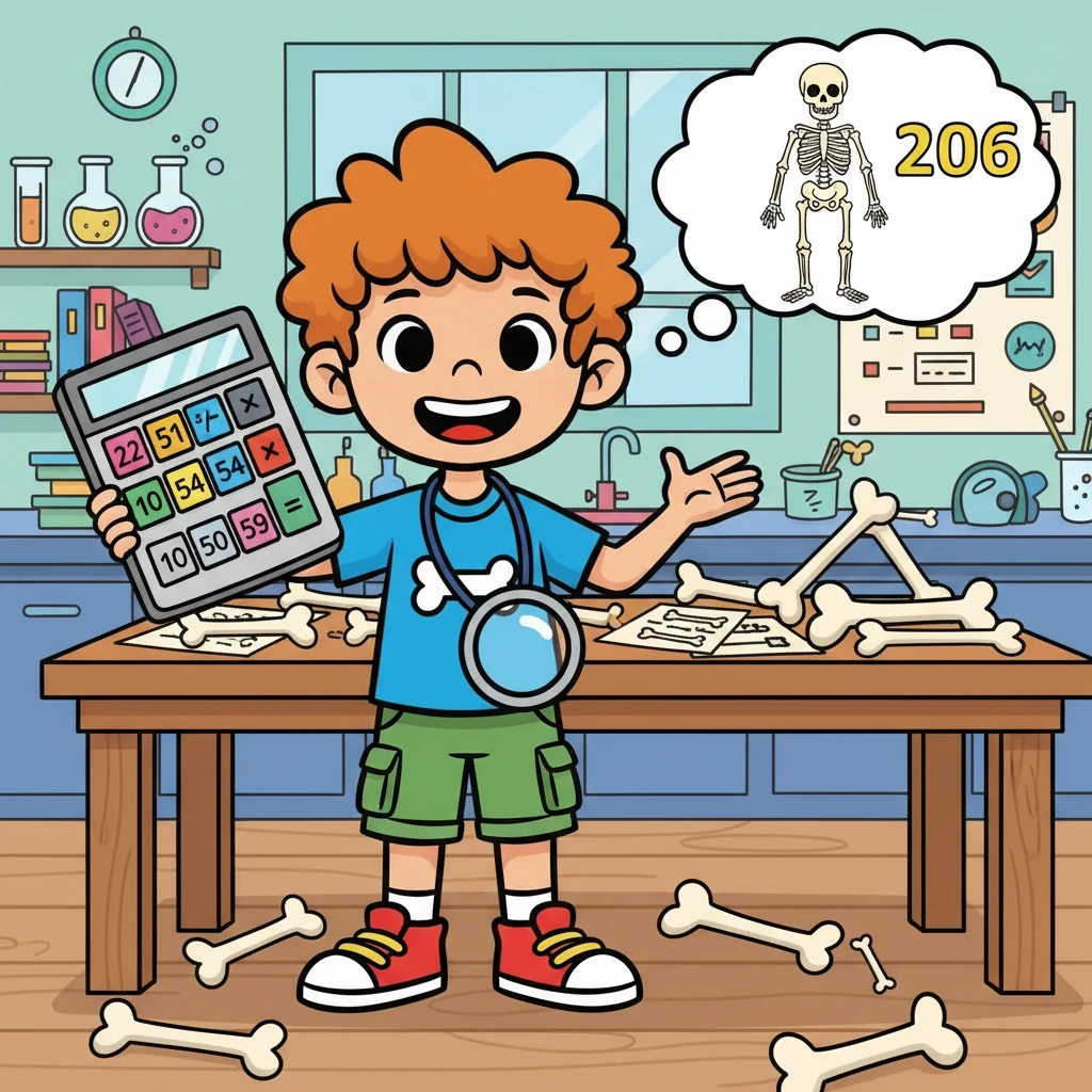 Con un sorriso, Luca sommo' tutte le ossa: 22 + 51 + 10 + 54 + 10 + 59. Dopo un po' di calcoli, Luca esclamò: "Lo scheletro umano ha in totale 206 ossa!" Era diventato un esperto!