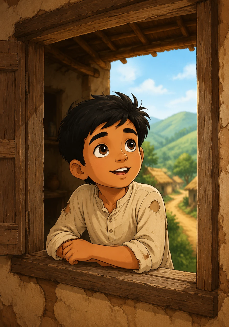 In a small, dusty village surrounded by green hills, a young boy named Gopal looks out of his tiny mud house. Despite wearing worn-out clothes, his eyes shine with a deep curiosity and a desire to learn about the world beyond his village.
