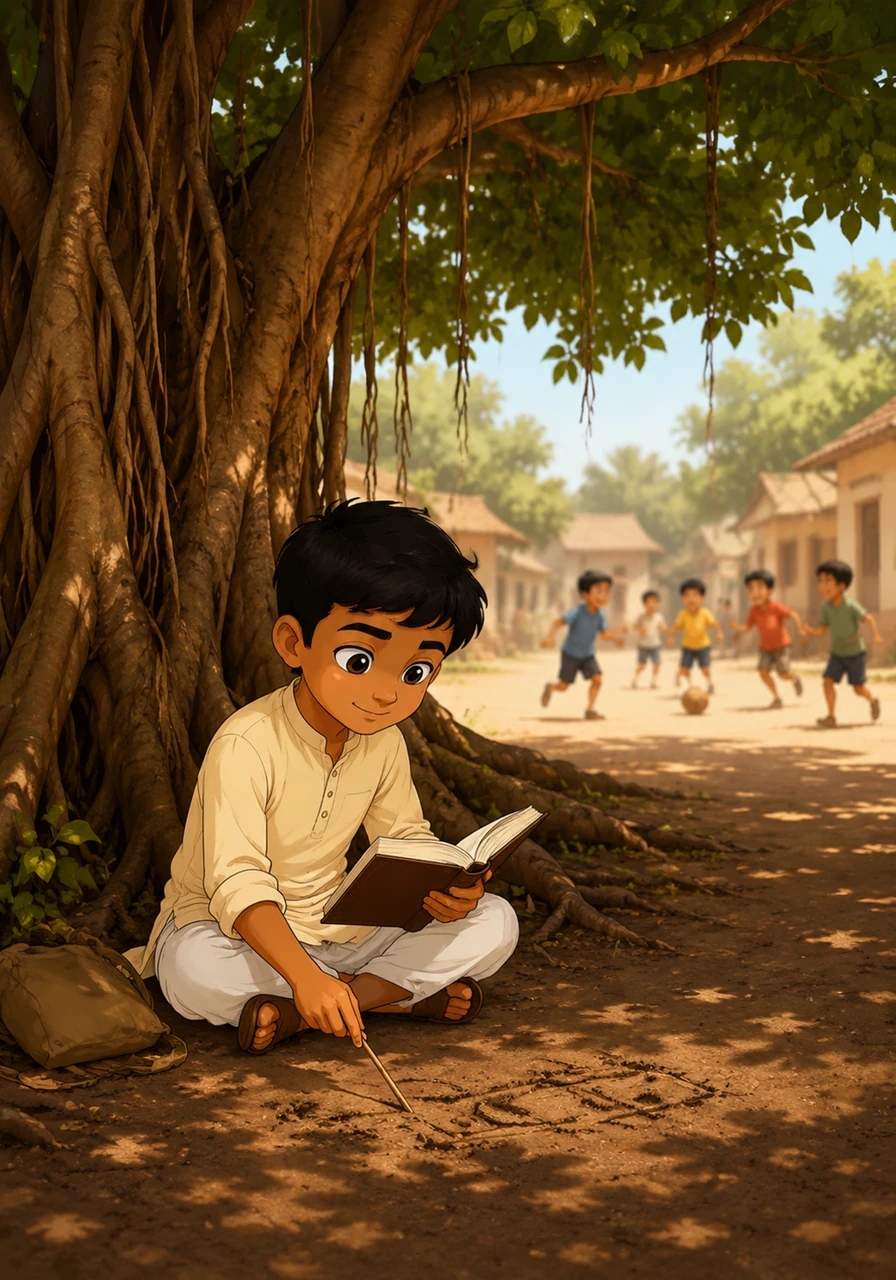 While other children play games in the streets, Gopal sits under the shade of a large banyan tree, carefully reading a borrowed book. He uses a small stick to practice writing letters in the soft dirt, determined to master his lessons.