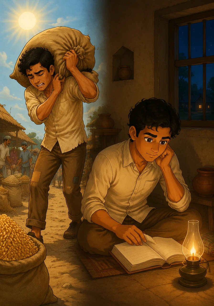 As Gopal grows into a young man, he takes up a job at the village market, lifting heavy sacks of grain under the hot sun. Every evening, despite his exhausted muscles, he lights a small oil lamp and studies late into the night.
