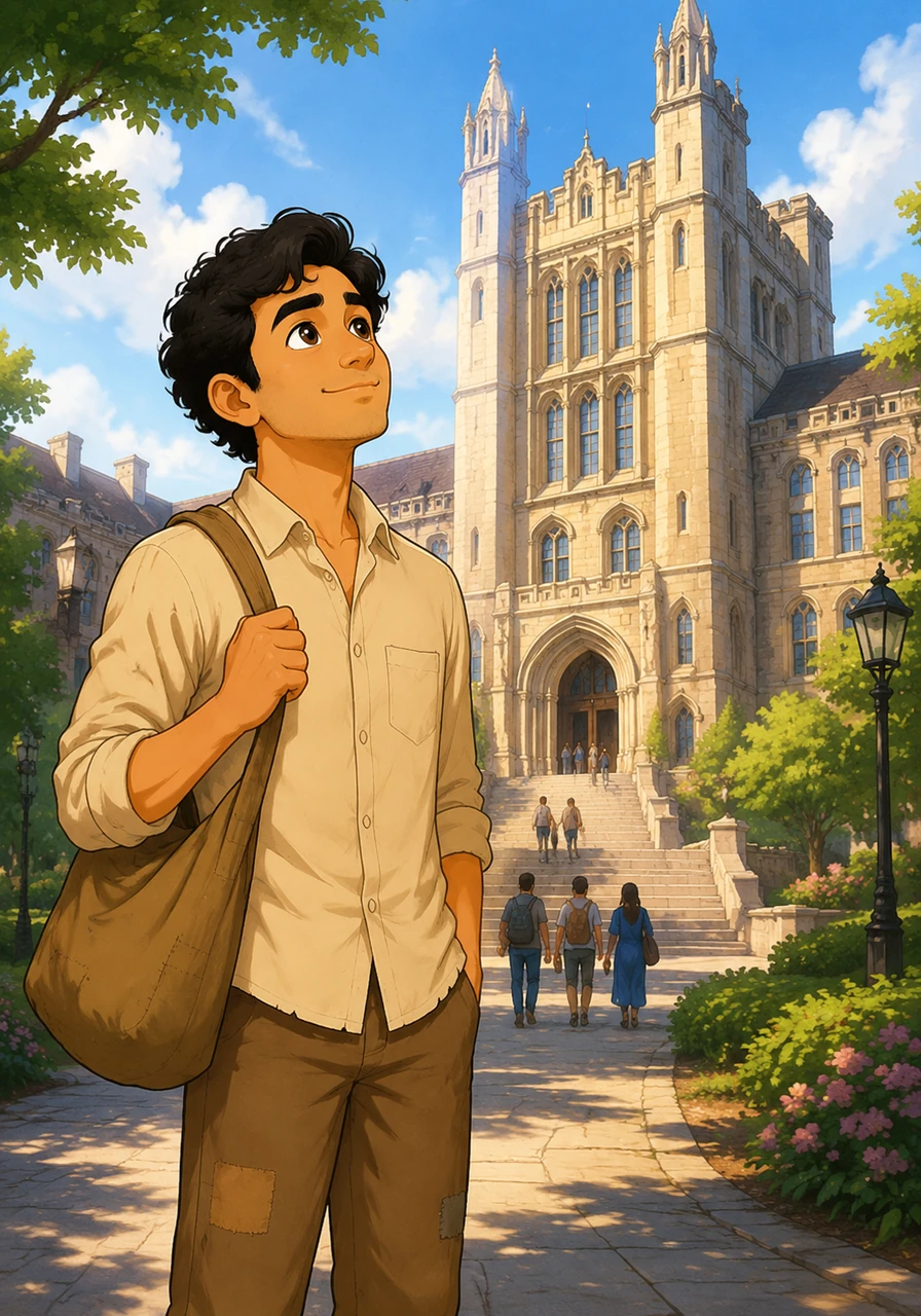 Years of relentless dedication pay off when Gopal earns a scholarship to a grand university in the big city. Standing before the majestic stone buildings with a simple cloth bag in his hand, he feels a mixture of nervousness and immense pride.