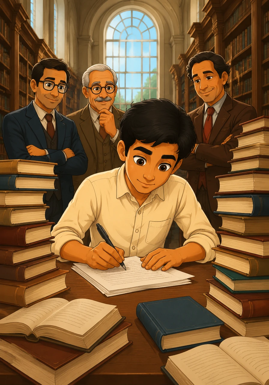 In the city, Gopal excels in his studies, spending hours surrounded by towering stacks of books in the university library. He writes brilliant essays and gains the respect of his professors through his humility and sharp intellect.