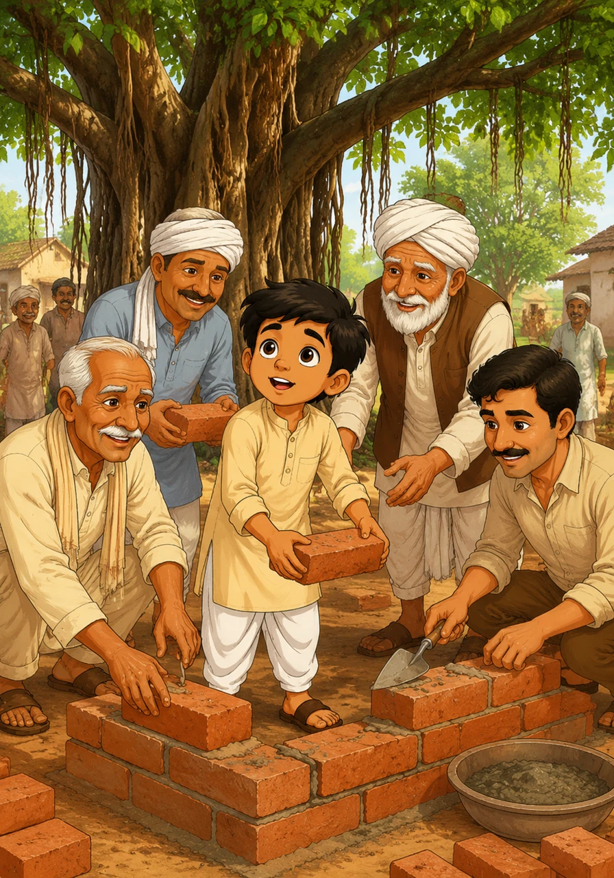 Gopal gathers the village elders and proposes building a proper school so that no child has to struggle the way he did. Together, the community begins to lay the bricks for a bright new classroom under the very banyan tree where Gopal used to study.