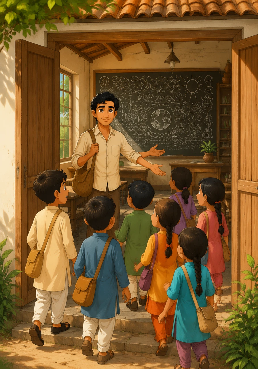 The new school opens its doors, and Gopal becomes the village teacher, welcoming eager boys and girls from all backgrounds. He fills the blackboard with inspiring words, showing them that the world is full of endless possibilities.