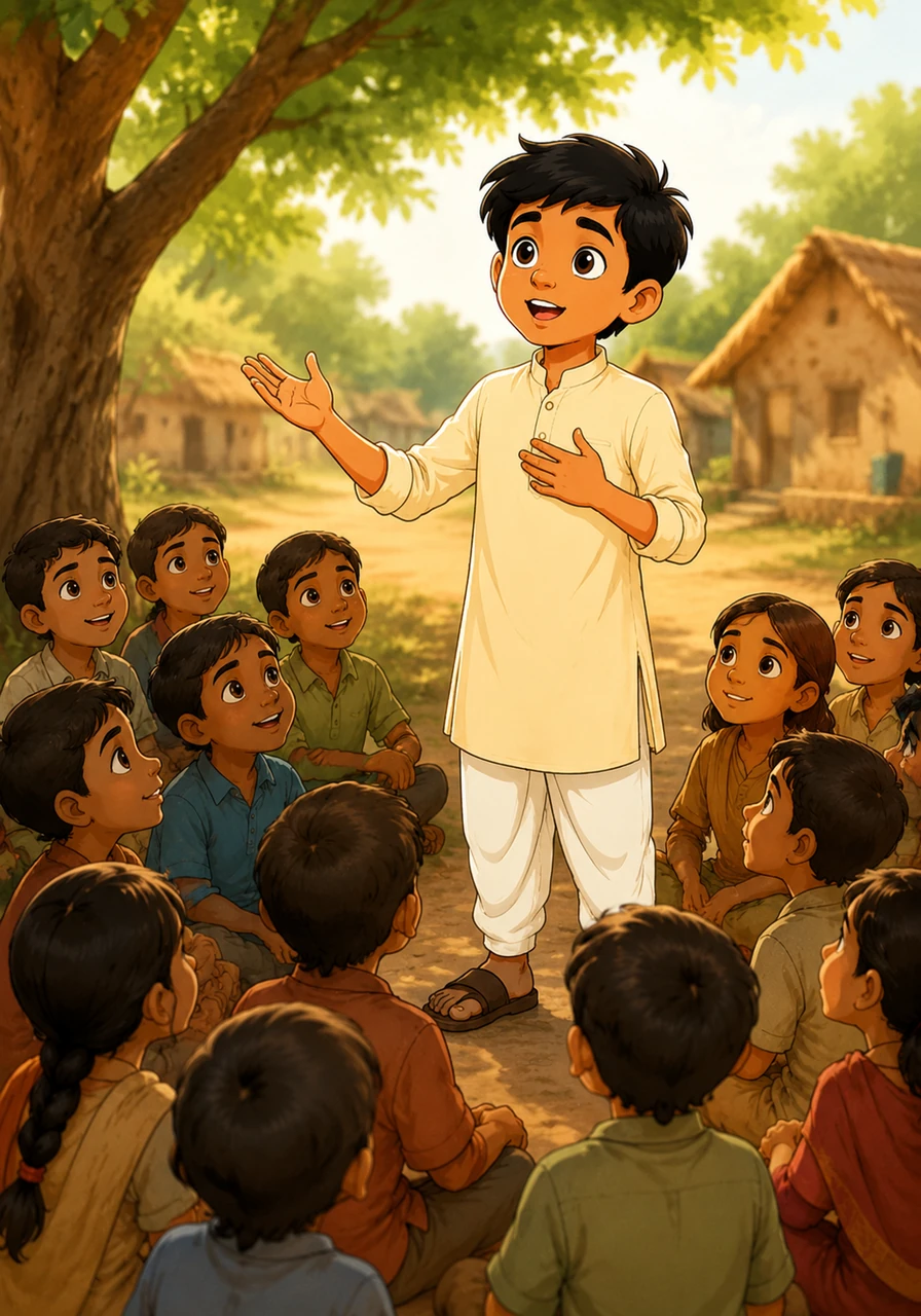 One bright afternoon, Gopal stands before a large gathering of village children who listen to him with absolute devotion. He tells them that poverty is not a barrier and that honesty, education, and hard work are a human being's greatest strengths.