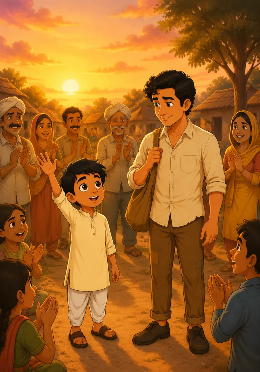 A young child raises their hand and asks if hard work can truly make every dream come true, to which Gopal smiles warmly and assures them that true effort never goes to waste. The entire village bursts into joyful applause as the sun sets, casting a golden glow over a community transformed by knowledge.