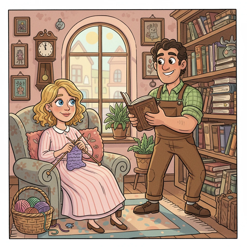 Mateo e Irene vivían felices en su acogedora casa de la calle San Martín. Irene, con su cabello rubio y ojos azules, tejía sin parar en un sillón mullido, mientras Mateo, fuerte y de cabello oscuro, organizaba libros antiguos con una sonrisa. La casa, llena de recuerdos y muebles curiosos, los envolvía en un abrazo cálido y silencioso.