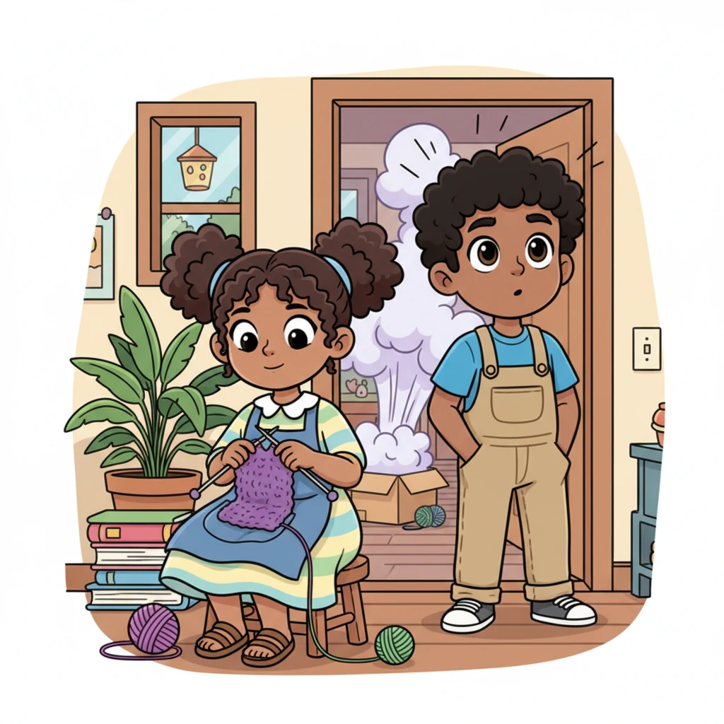 Un día, un suave "¡Puf!" resonó desde el fondo de la casa, haciendo que Mateo levantara una ceja. Irene, absorta en su tejido, apenas lo notó. Mateo se encogió de hombros, pensando que era el viento travieso, pero una chispa de curiosidad ya se había encendido en sus ojos negros.