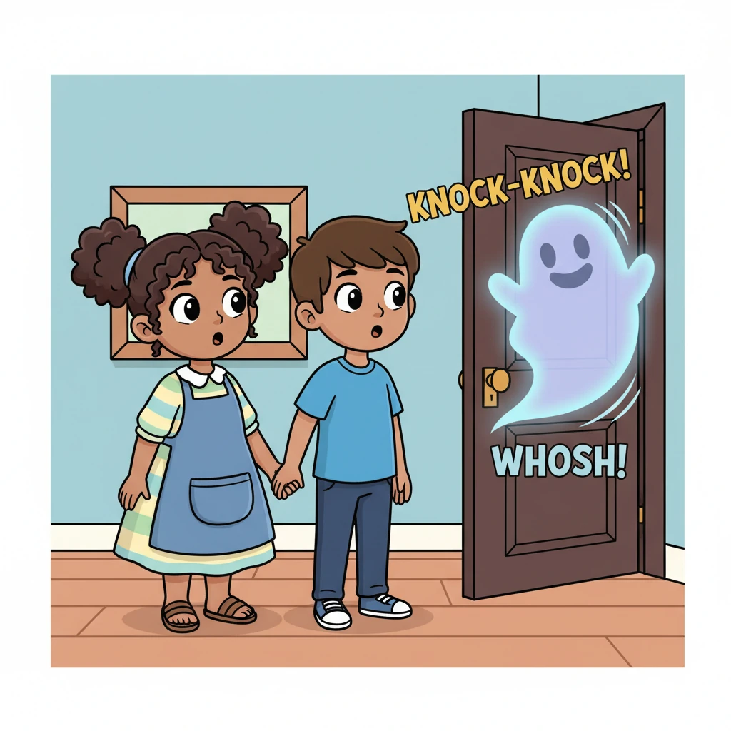 Los ruidos se volvieron más atrevidos: un "¡Toc-toc!" juguetón, un "¡Swoosh!" rápido. Mateo y Irene se miraron, sus rostros expresivos mostrando una mezcla de asombro y un poquito de nerviosismo. Una silueta translúcida y sonriente se asomaba desde una puerta trasera, como un fantasma amistoso que comenzaba su juego.