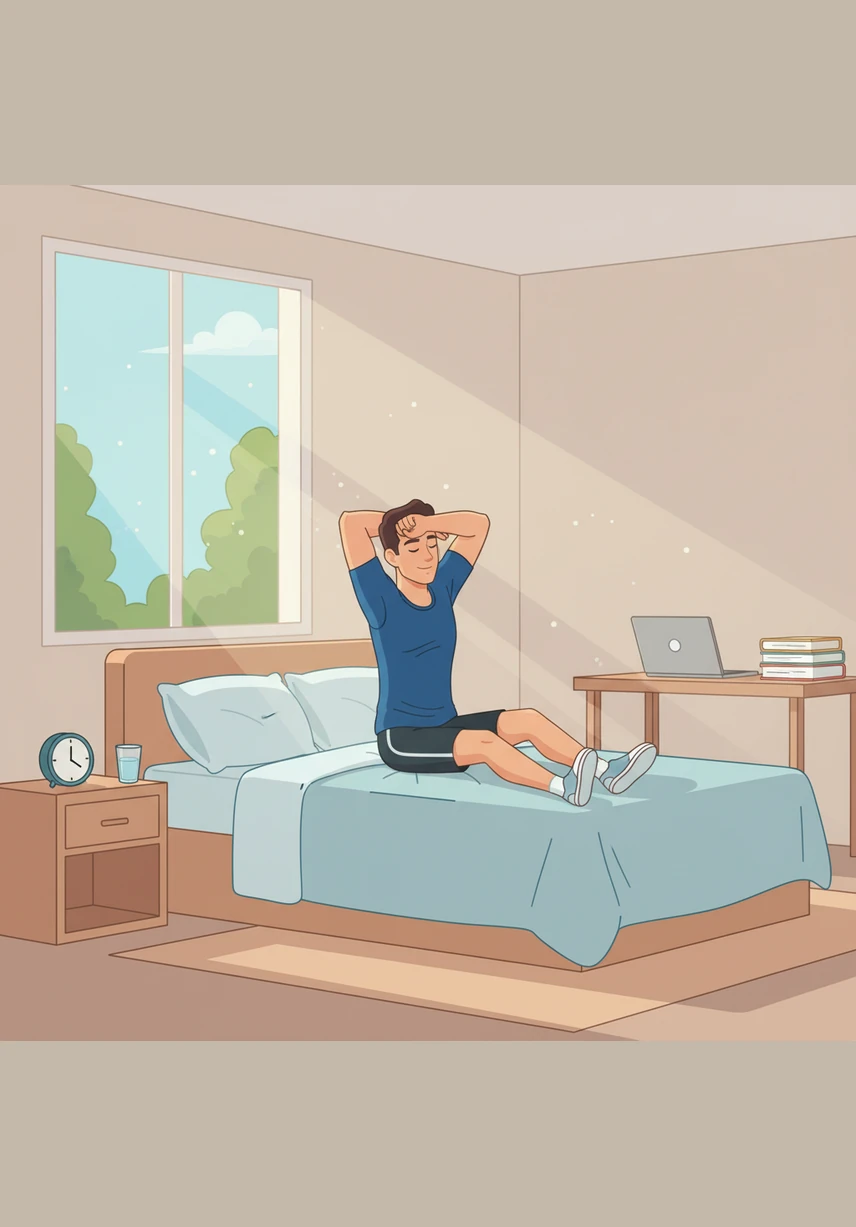 Mateo se despierta a las siete de la mañana cuando los primeros rayos de sol entran por su ventana. Él abre los ojos lentamente y disfruta del silencio y la paz de su habitación iluminada.