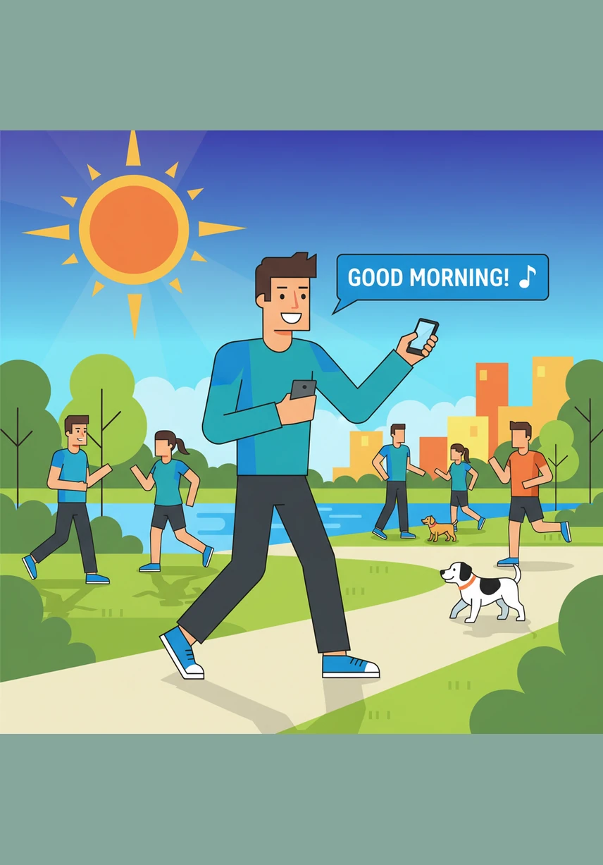 Después de unos minutos, Mateo se levanta de la cama con mucha energía. Él estira sus brazos hacia el techo y respira profundamente para comenzar el día con alegría.