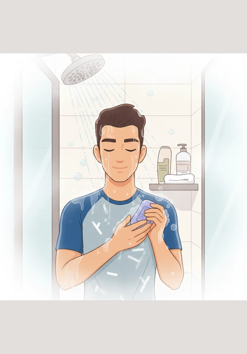 Mateo va al baño y se ducha con agua tibia para despertar sus sentidos por completo. El baño se llena de vapor y de un aroma fresco a jabón de lavanda.