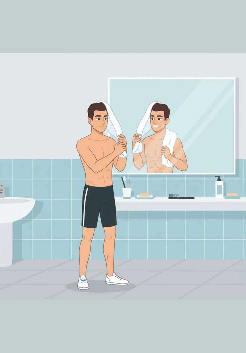 Luego, él se seca con una toalla blanca y muy suave. Frente al espejo, Mateo se cepilla los dientes con cuidado y se peina el cabello antes de salir del baño.