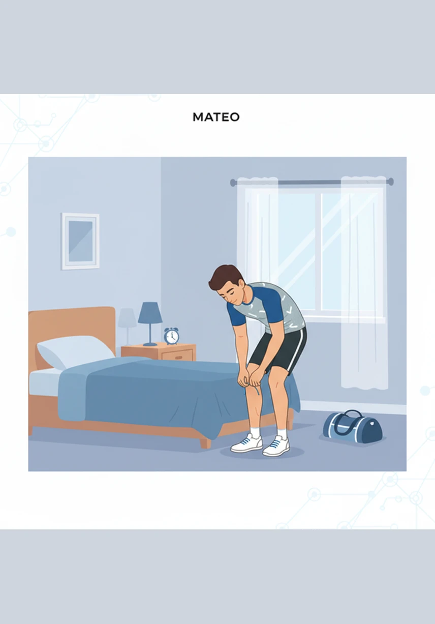 Mateo abre su armario y se viste con su ropa favorita: una camiseta azul y unos pantalones cómodos. Él se mira en el espejo, se pone sus zapatos y se siente listo para sus actividades.