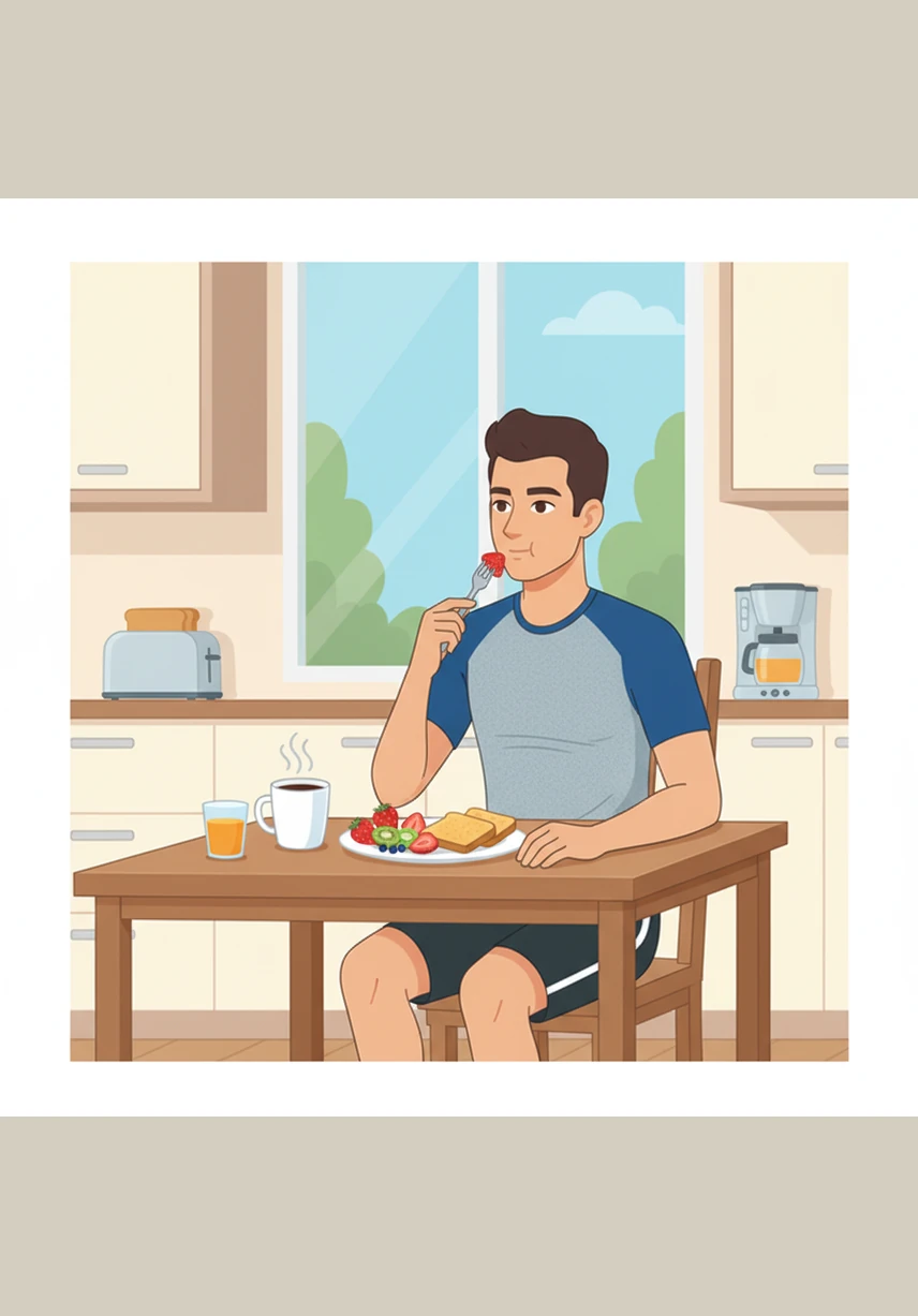 En la cocina, Mateo se prepara un desayuno saludable con frutas frescas, tostadas y una taza de café aromático. Él se sienta a la mesa y desayuna tranquilamente mientras mira por la ventana.