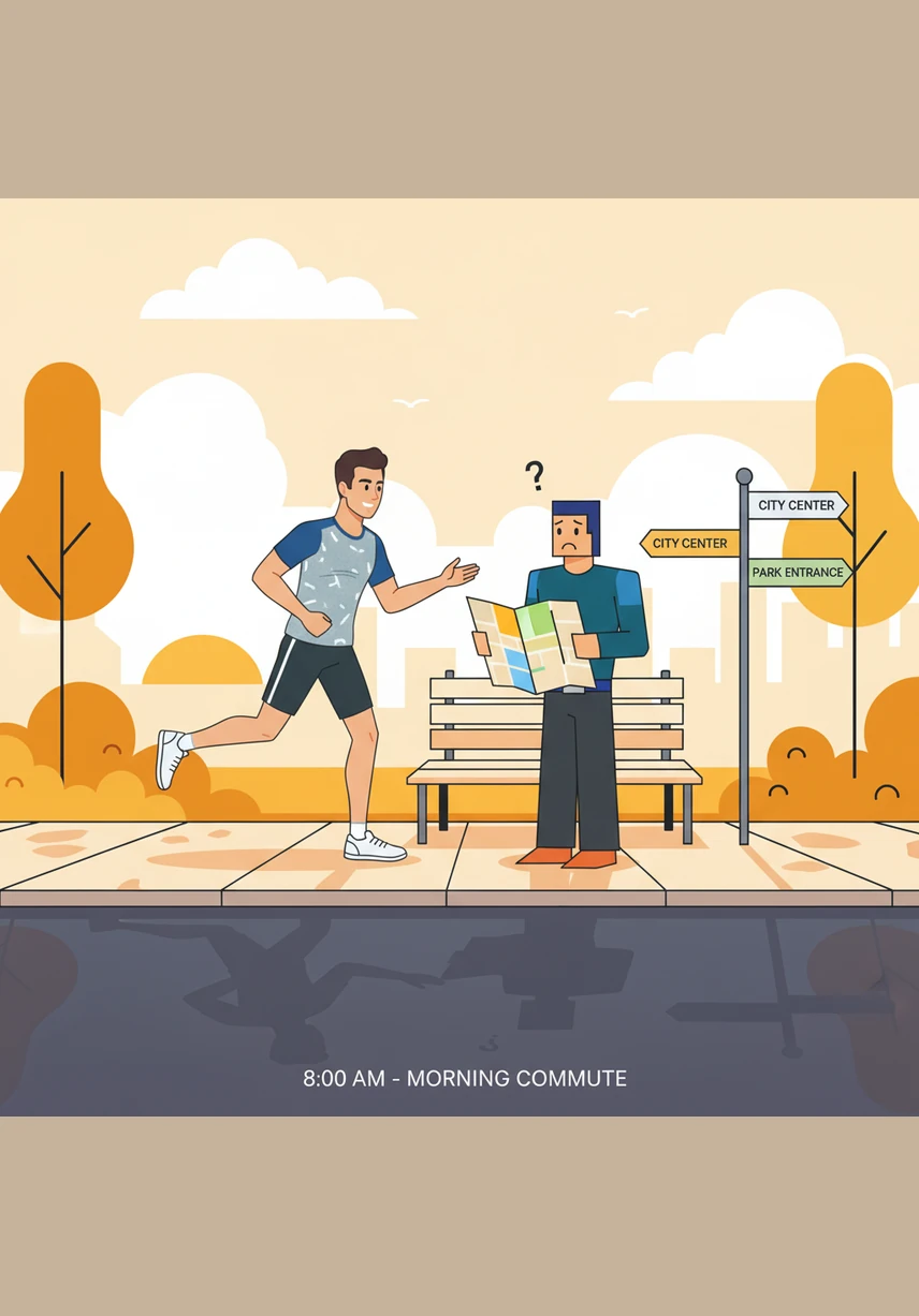 A las ocho de la mañana, Mateo toma su mochila y se va de casa para empezar su jornada. Él camina por un parque lleno de árboles verdes y flores de colores bajo el cielo despejado.