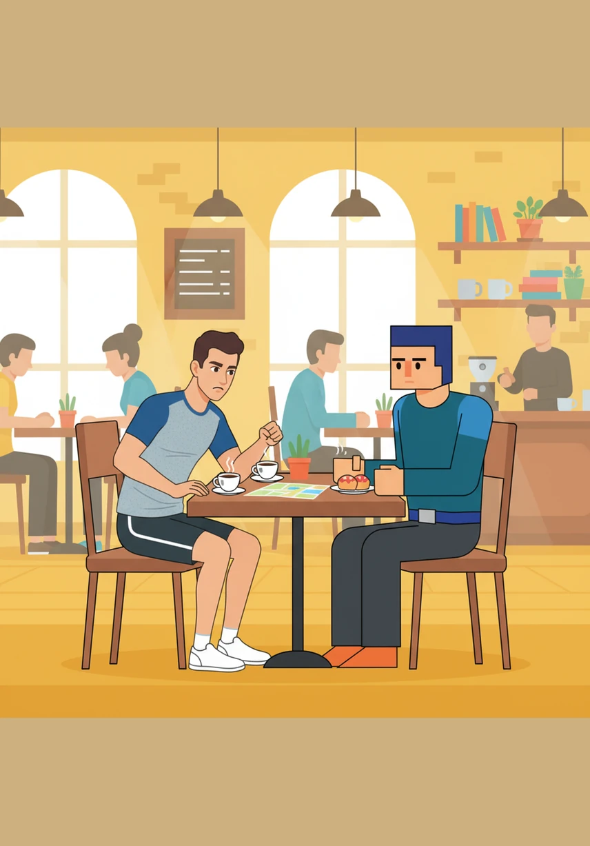 A mediodía, Mateo se detiene en un pequeño café del centro para descansar un poco. Él se sienta con un amigo, pide un almuerzo ligero y ambos conversan y ríen animadamente.